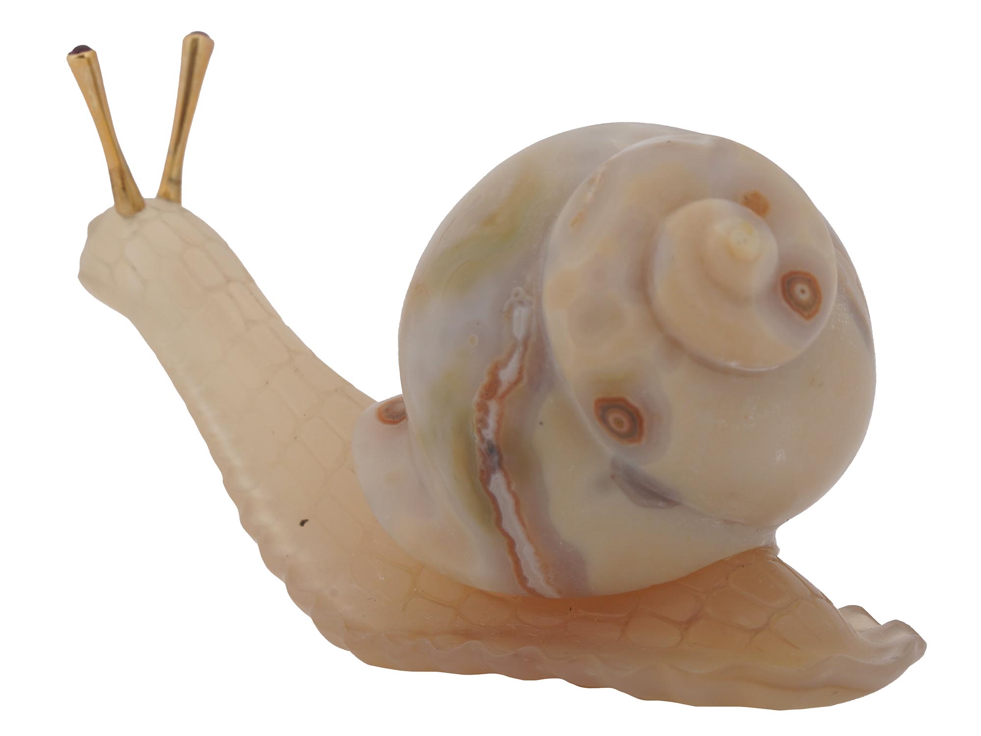 RUSSIAN CARVED AGATE FIGURE OF SNAIL W. RUBY EYES PIC-1